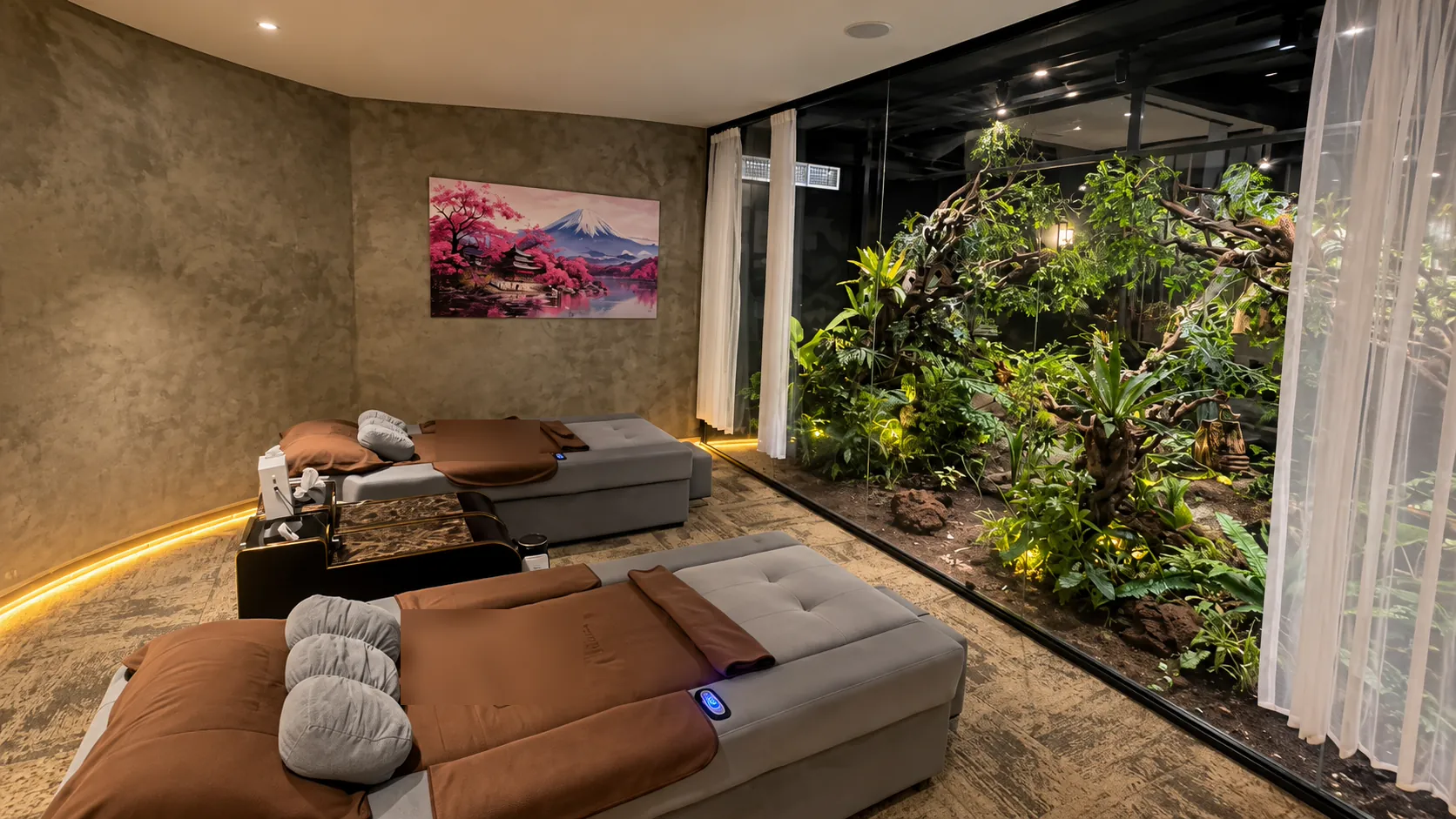 Ruang VIP Signature Senzu: dua bed perawatan menghadap dinding kaca taman aviary