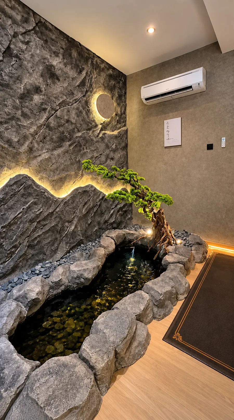 Kolam koi kecil, bonsai, dan dinding batu dengan cahaya bulan buatan